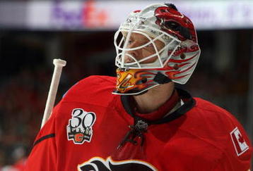 CALGARY, CANADA - OCTOBER 28:  Goaltender Miikka Kiprusoff #34 of the Calgary Flames looks on during a break in game action against the Colorado Avalanche on October 28, 2009 at the Pengrowth Saddledome in Calgary, Alberta, Canada.  The Avalanche defeated the Flames 3-2. (Photo by Dale MacMillan/Getty Images)