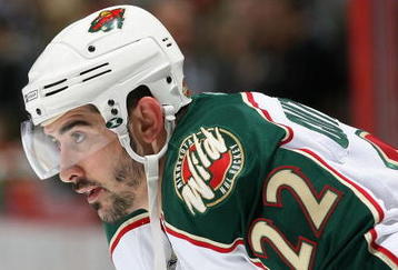 ANAHEIM, CA - DECEMBER 14:  Cal Clutterbuck #22 of the Minnesota Wild leans in during a face off against the Anaheim Ducks during the NHL game at Honda Center on December 14, 2008 in Anaheim, California.  (Photo by Christian Petersen/Getty Images)