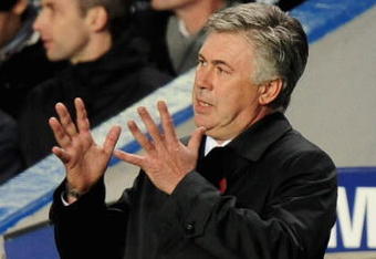 LONDON, ENGLAND - NOVEMBER 08:  Carlo Ancelotti the Chelsea manager reacts to events on the pitch during the Barclays Premier League match between Chelsea and Manchester United at Stamford Bridge on November 8, 2009 in London, England.  (Photo by Clive Mason/Getty Images)