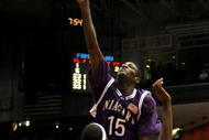 DAYTON, OH - MARCH 13: Benson Egemonye #15 of the Niagara Purple Eagles tries to get a shot off over Akini Adkins #33 of the Florida A&M Rattlers during the opening round of the Men's NCAA Tournament on March 13, 2007 at the University of Dayton Arena in Dayton, Ohio. (Photo by Gregory Shamus/Getty Images)
