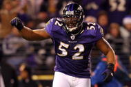 BALTIMORE - DECEMBER 14: Ray Lewis #52 of the Baltimore Ravens reacts against the Pittsburgh Steelers on December 14, 2008 at M&T Bank Stadium in Baltimore, Maryland. The Steelers defeated the Ravens 13-9. (Photo by Jim McIsaac/Getty Images)
