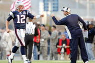 FOXBORO, MA - NOVEMBER 08:  Tom Brady #12 of the New England Patriots celebrates after the two point conversion in the second half against the Miami Dolphin on November 8, 2009 at Gillette Stadium in Foxboro, Massachusetts. The Patriots defeated the Dolphins 27-17.  (Photo by Elsa/Getty Images)