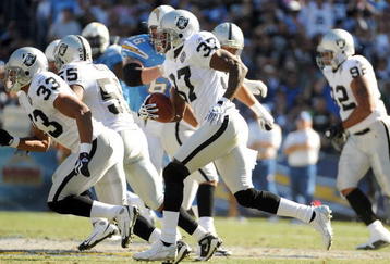 SAN DIEGO - NOVEMBER 01:  Chris Johnson #37 of the Oakland Raiders returns an interception against the San Diego Chargers during the first quarter at Qualcomm Stadium on November 1, 2009 in San Diego, California.  (Photo by Harry How/Getty Images)