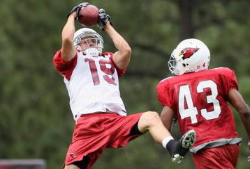 FLAGSTAFF, AZ - JULY 31:  Wide reciever Lance Long #19 of the Arizona Cardinals makes a reception under pressure from cornerback Jameel Dowling #43 during the evening team training camp at Northern Arizona University on July 31, 2009 in Flagstaff, Arizona.  (Photo by Christian Petersen/Getty Images)