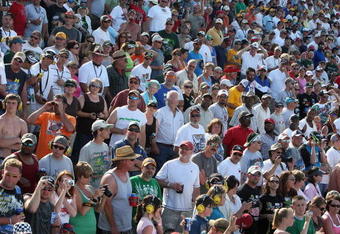 TALLADEGA, AL - APRIL 26:  Fans watch race action at the NASCAR Sprint Cup Series Aaron's 499 at Talladega Superspeedway on April 26, 2009 in Talladega, Alabama.  (Photo by Christian Petersen/Getty Images)