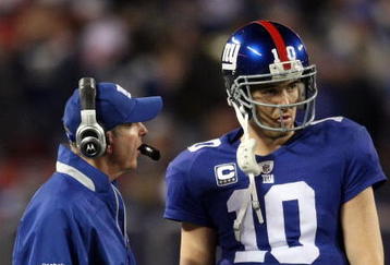 EAST RUTHERFORD, NJ - NOVEMBER 08:  Head coach Tom Coughlin of the New York Giants talks with Eli Manning #10 in NFL action against the San Diego Chargers at Giants Stadium on November 8, 2009 in East Rutherford, New Jersey.  (Photo by Nick Laham/Getty Images)