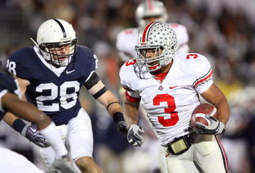 STATE COLLEGE, PA - NOVEMBER 7: Running back Brandon Saine #3 of the Ohio State Buckeyes carries the ball as linebacker Drew Astorino #28 of the Penn State Nittany Lions pursues during a game on November 7, 2009 at Beaver Stadium in State College, Pennsylvania. Ohio State won 24-7. (Photo by Hunter Martin/Getty Images)