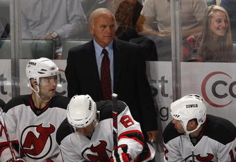 SUNRISE, FL - OCTOBER 10: Head Coach Jacques Lemaire of the New Jersey Devils watches action during the third period of the game against the Florida Panthers on October 10, 2009 at the BankAtlantic Center in Sunrise, Florida. The Devils defeated the Panthers 3-2.  (Photo by Joel Auerbach/Getty Images)