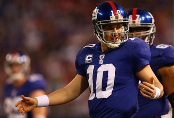 EAST RUTHERFORD, NJ - NOVEMBER 08:  Eli Manning # 10 of the New York Giants appeals a referee's decision in NFL action against the San Diego Chargers on November 8, 2009 at Giants Stadium in East Rutherford, New Jersey.  (Photo by Chris McGrath/Getty Images)