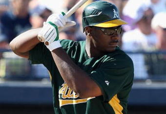 PEORIA, AZ - MARCH 07:  Chris Carter #75 of the Oakland Athletics bats against the San Diego Padres during the spring training game at Peoria Stadium on March 7, 2009 in Peoria, Arizona  The A's defeated the Padres 15-6.  (Photo by Christian Petersen/Getty Images)