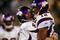 GREEN BAY, WI - NOVEMBER 01: Quarterback Brett Favre #4 of the Minnesota Vikings celebrates with teammate Percy Harvin #12 after a 51 yard touchdown pass during the third quarter of the game against the Green Bay Packers at Lambeau Field on November 1, 2009 in Green Bay, Wisconsin. (Photo by Scott Boehm/Getty Images)
