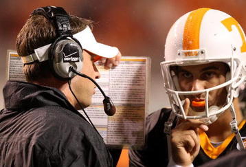 KNOXVILLE, TN - OCTOBER 31:  Head coach Lane Kiffen of the Tennessee Volunteers talks to his quarterback Jonathan Crompton #8 during a break against the South Carolina Gamecocks at Neyland Stadium on October 31, 2009 in Knoxville, Tennessee.  (Photo by Streeter Lecka/Getty Images)