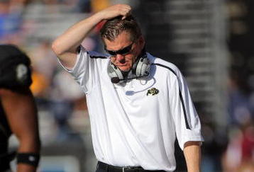 BOULDER, CO - NOVEMBER 07:  Head coach Dan Hawkins leads the Colorado Buffaloes against the Texas A&M Aggies during NCAA college football action at Folsom Field on November 7, 2009 in Boulder, Colorado. Colorado defeated Texas A&M 35-34.  (Photo by Doug Pensinger/Getty Images)