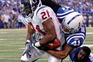 INDIANAPOLIS - NOVEMBER 08:  Antoine Bethea #41 of the Indianapolis Colts causes a fumble as he tackles  Ryan Moats #21 of the Houston Texans during the NFL game at Lucas Oil Stadium on November 8, 2009 in Indianapolis, Indiana. The Colts won 20-17.  (Photo by Andy Lyons/Getty Images)