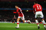 LONDON, ENGLAND - NOVEMBER 04: Samir Nasri (C) of Arsenal celebrates scoring the second goal of the game with team mate Robin Van Persie during the UEFA Champions League Group H match between Arsenal and AZ Alkmaar at the Emirates Stadium on November 4, 2009 in London, England. (Photo by Phil Cole/Getty Images)