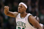BOSTON - NOVEMBER 01:  Paul Pierce #34 of the Boston Celtics celebrates a three point shot in the fourth quarter against the New Orleans Hornets at the TD Garden on November 1, 2009 in Boston, Massachusetts. The Celtics defeated the Hornets 97-87. NOTE TO USER: User expressly acknowledges and agrees that, by downloading and or using this photograph, User is consenting to the terms and conditions of the Getty Images License Agreement.  (Photo by Elsa/Getty Images)