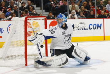 OTTAWA, ON - NOVEMBER 05:  Antero Nittymaki #30 of the Tampa Bay Lightning tries to make a blocker save off a shot by the Ottawa Senators during a game at Scotiabank Place on November 5, 2009 in Ottawa, Canada.  The Tampa Bay Lightning and the Ottawa Senators are tied 2-2 after two periods. (Photo by Phillip MacCallum/Getty Images)