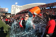 CINCINNATI, OH - NOVEMBER 29: Head coach Brian Kelly of the Cincinnati Bearcats gets doused with Gatorade at the end of the game against the Syracuse Orange at Nippert Stadium on November 29, 2008 in Cincinnati, Ohio. The Bearcats defeated the Orange 30-10 to claim the Big East title and a spot in the Orange Bowl. (Photo by Joe Robbins/Getty Images)