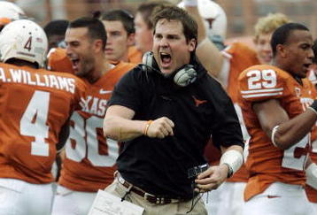 AUSTIN, TX - SEPTEMBER 5:  Defensive coordinator Will Muschamp of the Texas Longhorns gets pumped up after a turnover by the Louisiana Monroe Warhawks in the first quarter on September 5, 2009 at Darrell K Royal-Texas Memorial Stadium in Austin, Texas.  (Photo by Brian Bahr/Getty Images)