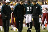 LANDOVER, MD - OCTOBER 26:  Brian Westbrook #36 of the Philadelphia Eagles is escorted off the field after getting hit during the first quarter of the game against the Washington Redskins at FedEx Field October 26, 2009 in Landover, Maryland. (Photo by Win McNamee/Getty Images)