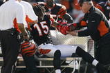 CINCINNATI - NOVEMBER 8: Chris Henry #15 of the Cincinnati Bengals is taken off the field with a left arm injury after being tackled by Lardarius Webb #21 of the Baltimore Ravens at Paul Brown Stadium on November 8, 2009 in Cincinnati, Ohio.  (Photo by John Sommers II/Getty Images)