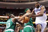 PHILADELPHIA - NOVEMBER 03:  Elton Brand #42 of the Philadelphia 76ers is fouled as he goes to the basket by Rasheed Wallace #30 of the Boston Celtics at the Wachovia Center on November 3, 2009 in Philadelphia, Pennsylvania.  NOTE TO USER: User expressly acknowledges and agrees that, by downloading and or using this photograph, User is consenting to the terms and conditions of the Getty Images License Agreement.  (Photo by Chris Chambers/Getty Images)