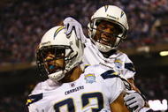 EAST RUTHERFORD, NJ - NOVEMBER 08: Vincent Jackson #83 of the San Diego Chargers celebrates his go-ahead touchdown with teammate Malcolm Floyd #80 against the New York Giants on November 8, 2009 at Giants Stadium in East Rutherford, New Jersey.  (Photo by Chris McGrath/Getty Images)