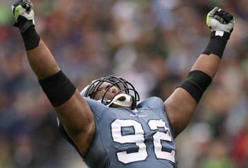 SEATTLE - NOVEMBER 08:  Defensive tackle Brandon Mebane #92 of the Seattle Seahawks celebrates after sacking the quarterback against the Detroit Lions on November 8, 2009 at Qwest Field in Seattle, Washington. The Seahawks defeated the Lions 32-20. (Photo by Otto Greule Jr/Getty Images)