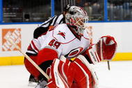 ATLANTA - SEPTEMBER 21: Goaltender Michael Leighton #49 of the Carolina Hurricanes protects the goal against the Atlanta Thrashers during a preseason game at Philips Arena on September 21, 2009 in Atlanta, Georgia. (Photo by Kevin C. Cox/Getty Images)