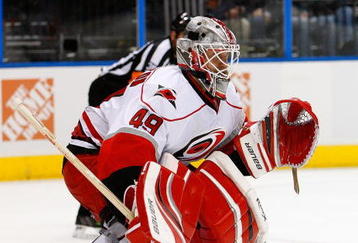 ATLANTA - SEPTEMBER 21:  Goaltender Michael Leighton #49 of the Carolina Hurricanes protects the goal against the Atlanta Thrashers during a preseason game at Philips Arena on September 21, 2009 in Atlanta, Georgia.  (Photo by Kevin C. Cox/Getty Images)