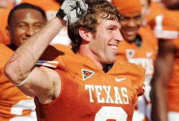 AUSTIN, TX - NOVEMBER 7:  Wide receiver Jordan Shipley #8 of the Texas Longhorns gives the 'hook 'em horns' after breaking the school record for single game receiving yards with 273 yards, 11 catches, and one touchdown against the UCF Knights on November 7, 2009 at Darrell K Royal - Texas Memorial Stadium in Austin, Texas.  Texas won 35-3.  (Photo by Brian Bahr/Getty Images)