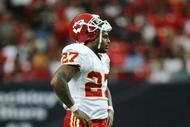 ATLANTA - SEPTEMBER 21:  Running back Larry Johnson #27 of the Kansas City Chiefs takes a breather while taking on the Atlanta Falcons at Georgia Dome on September 21, 2008 in Atlanta, Georgia. The Falcons defeated the Chiefs 38-14.  (Photo by Doug Benc/Getty Images)