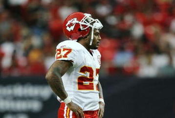 ATLANTA - SEPTEMBER 21:  Running back Larry Johnson #27 of the Kansas City Chiefs takes a breather while taking on the Atlanta Falcons at Georgia Dome on September 21, 2008 in Atlanta, Georgia. The Falcons defeated the Chiefs 38-14.  (Photo by Doug Benc/Getty Images)