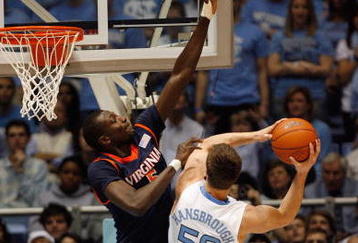 CHAPEL HILL, NC - FEBRUARY 07:  Assane Sene #5 of the Virginia Cavaliers defends against Tyler Hansbrough #50 of the North Carolina Tar Heels on February 7, 2009 at the Dean E. Smith Center in Chapel Hill, North Carolina.  (Photo by Kevin C. Cox/Getty Images)