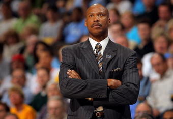 DENVER - APRIL 22:  Head coach Byron Scott of the New Orleans Hornets looks on during action against the Denver Nuggets in Game Two of the Western Conference Quarterfinals during the 2009 NBA Playoffs at Pepsi Center on April 22, 2009 in Denver, Colorado. The Nuggets defeated the Hornets 108-93. NOTE TO USER: User expressly acknowledges and agrees that, by downloading and or using this photograph, User is consenting to the terms and conditions of the Getty Images License Agreement.  (Photo by Doug Pensinger/Getty Images)