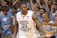 CHAPEL HILL, NC - FEBRUARY 03:  Deon Thompson #21 of the North Carolina Tar Heels celebrates as he runs downcourt against the Maryland Terrapins during the game on February 3, 2009 at the Dean E. Smith Center in Chapel Hill, North Carolina.  (Photo by Kevin C. Cox/Getty Images)