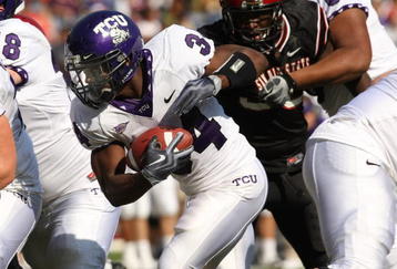 SAN DIEGO - NOVEMBER 7:  Running back Ed Wesley #34 of the Texas Christian University Horned Frogs carries for a five yard touchdown in the first quarter against the San Diego State Aztecs on November 7, 2009 at Qualcomm Stadium in San Diego, California.    (Photo by Stephen Dunn/Getty Images)