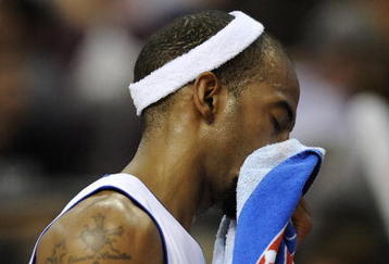 AUBURN HILLS, MI - APRIL 26: Richard Hamilton #32 of the Detroit Pistons wipes his face during a time out while playing the Cleveland Cavaliers in Game Four of the Eastern Conference Quarterfinals during the 2009 NBA Playoffs at the Palace of Auburn Hills on April 26, 2009 in Auburn Hills, Michigan. Cleveland won the game 99-78 to win the series 4-0. NOTE TO USER: User expressly acknowledges and agrees that, by downloading and or using this photograph, User is consenting to the terms and conditions of the Getty Images License Agreement.  (Photo by Gregory Shamus/Getty Images)