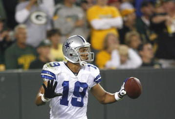 GREEN BAY - SEPTEMBER 21:  Miles Austin #19 of the Dallas Cowboys celebrates his touchdown against the Green  Bay Packers at Lambeau Field on September 21, 2008 in Green Bay, Wisconsin. The Cowboys defeated the Packers in 27- 16.  (Photo by Tom Hauck/Getty Images)