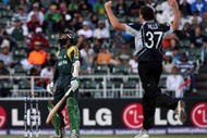 JOHANNESBURG, SOUTH AFRICA - OCTOBER 03:  Mohammad Yousuf of Pakistan is bowled by Kyle Mills of New Zealand during the ICC Champions Trophy 2nd Semi Final match between New Zealand and Pakistan played at Wanderers Stadium on October 3, 2009 in Johannesburg, South Africa.  (Photo by Hamish Blair/Getty Images)