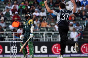 JOHANNESBURG, SOUTH AFRICA - OCTOBER 03:  Mohammad Yousuf of Pakistan is bowled by Kyle Mills of New Zealand during the ICC Champions Trophy 2nd Semi Final match between New Zealand and Pakistan played at Wanderers Stadium on October 3, 2009 in Johannesburg, South Africa.  (Photo by Hamish Blair/Getty Images)
