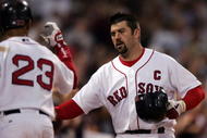 BOSTON - MAY 29: Jason Varitek #33 of the Boston Red Sox is congratulated by teammate Julio Lugo #23 after Varitek hit a solo home run in the fifth inning against the Cleveland Indians at Fenway Park May 29, 2007 in Boston, Massachusetts. (Photo by Elsa/Getty Images)
