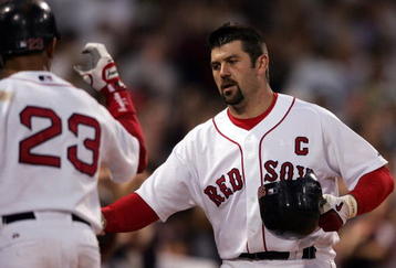 BOSTON - MAY 29:  Jason Varitek #33 of the Boston Red Sox is congratulated by teammate Julio Lugo #23 after Varitek hit a solo home run in the fifth inning against the Cleveland Indians at Fenway Park May 29, 2007 in Boston, Massachusetts.  (Photo by Elsa/Getty Images)