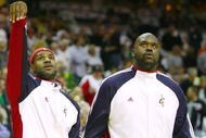 CLEVELAND - OCTOBER 27: (L-R) LeBron James #23 and Shaquille O'Neal #33 of the Cleveland Cavaliers warm up prior to the season opener against the Boston Celtics at Quicken Loans Arena on October 27, 2009 in Cleveland, Ohio. NOTE TO USER: User expressly acknowledges and agrees that, by downloading and or using this photograph, User is consenting to the terms and conditions of the Getty Images License Agreement. (Photo by Gregory Shamus/Getty Images)