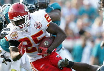 JACKSONVILLE, FL - NOVEMBER 08:  Running back Jamaal Charles #25 of the Kansas City Chiefs gets wrapped up while taking on the Jacksonville Jaguars at Jacksonville Municipal Stadium on November 8, 2009 in Jacksonville, Florida. The Jaguars defeated the Chiefs 24-21.  (Photo by Doug Benc/Getty Images)