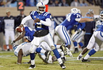 DURHAM, NC - NOVEMBER 29: Quarterback Thaddeus Lewis #9 of the Duke Blue Devils looks to pass the ball during the game against the North Carolina Tar Heels at Wallace Wade Stadium on November 29, 2008 in Durham, North Carolina. (Photo by Kevin C. Cox/Getty Images)