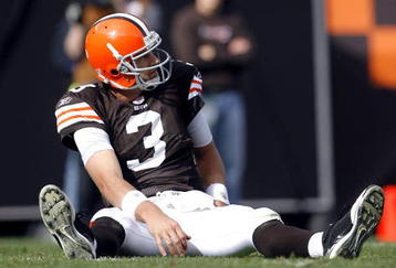 CLEVELAND, OH - OCTOBER 25:  Derek Anderson #3 of the Cleveland Browns reacts after being sacked by the Green Bay Packers at Cleveland Browns at Cleveland Browns Stadium on October 25, 2009 in Cleveland, Ohio.  (Photo by Matt Sullivan/Getty Images)