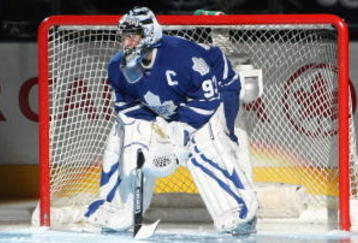 TORONTO - JANUARY 31:  Vesa Toskala of the Toronto Maple Leafs stands in the net before the game against the Pittsburgh Penguins at Air Canada Centre on January 31, 2009 in Toronto, Ontario, Canada. Toskala wore the #93 jersey of Doug Gilmour, whose jersey was raised to the rafters in a ceremony before the game. (Photo by Dave Sandford/Getty Images)