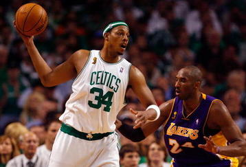 BOSTON - JUNE 17:  Paul Pierce #34 of the Boston Celtics looks to pass over Kobe Bryant #24 of the Los Angeles Lakers in Game Six of the 2008 NBA Finals on June 17, 2008 at TD Banknorth Garden in Boston, Massachusetts. NOTE TO USER: User expressly acknowledges and agrees that, by downloading and/or using this Photograph, user is consenting to the terms and conditions of the Getty Images License Agreement.  (Photo by Jim Rogash/Getty Images)