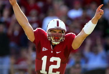 PALO ALTO, CA - NOVEMBER 07:  Andrew Luck #12 of the Stanford Cardinal celebrates after the Cardinals scored a touchdown to go up 30-14 over the Oregon Ducks at Stanford Stadium on November 7, 2009 in Palo Alto, California.  (Photo by Ezra Shaw/Getty Images)